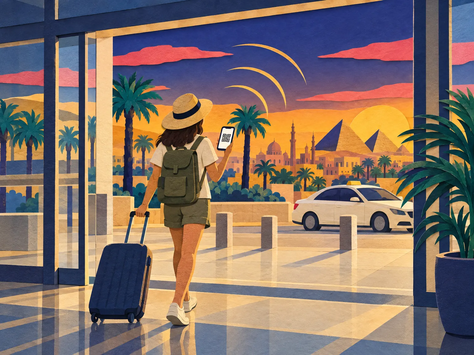 Illustration: a traveller with a suitcase walks out of a Cairo arrivals hall, phone in hand.