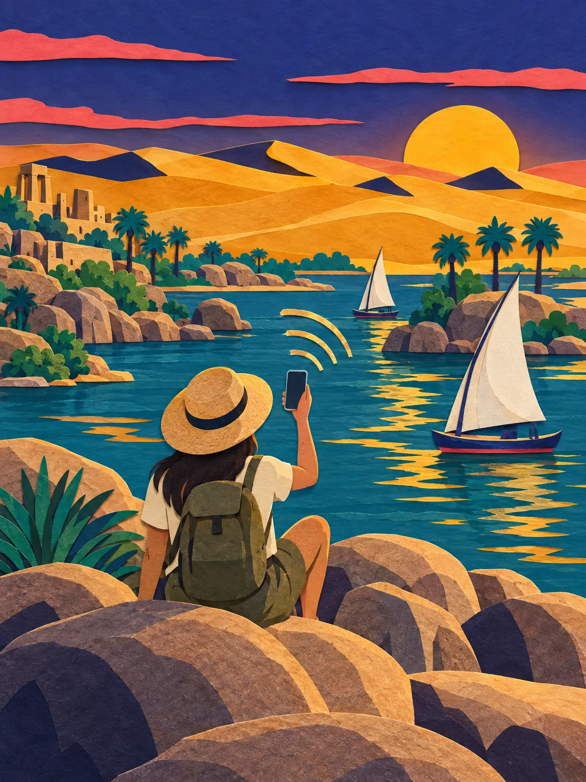 Illustration of feluccas on the Nile at Aswan, with granite islands behind.