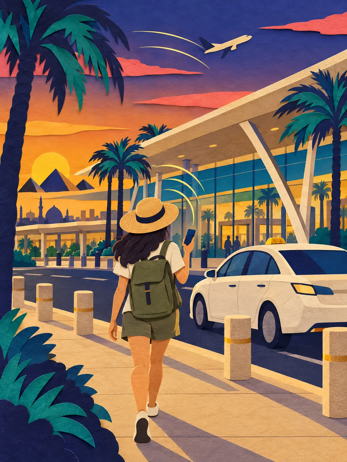Illustration of a Cairo airport terminal forecourt with palms and taxis.