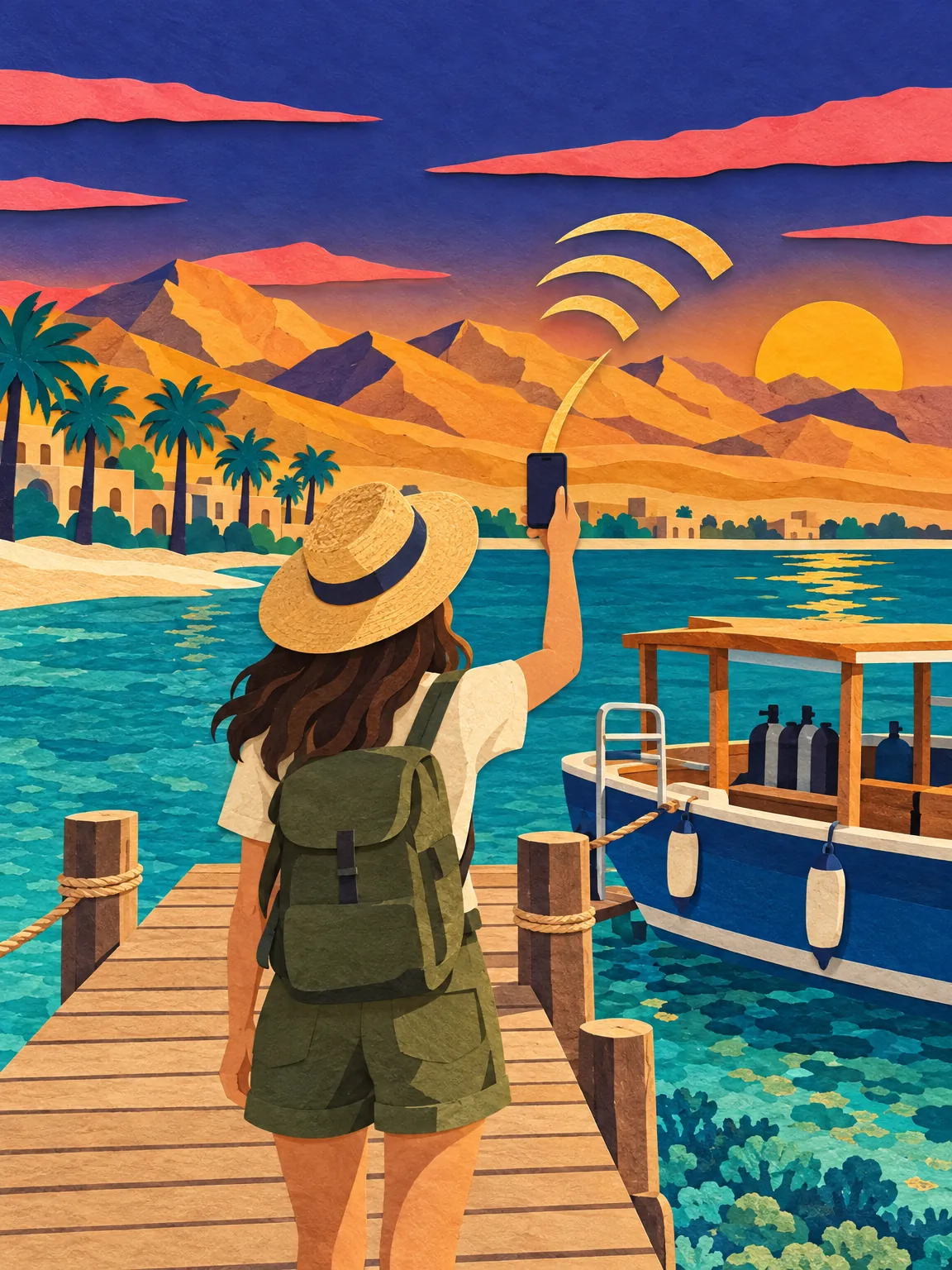 Illustration of the Red Sea shore at Hurghada, turquoise water and a small boat.