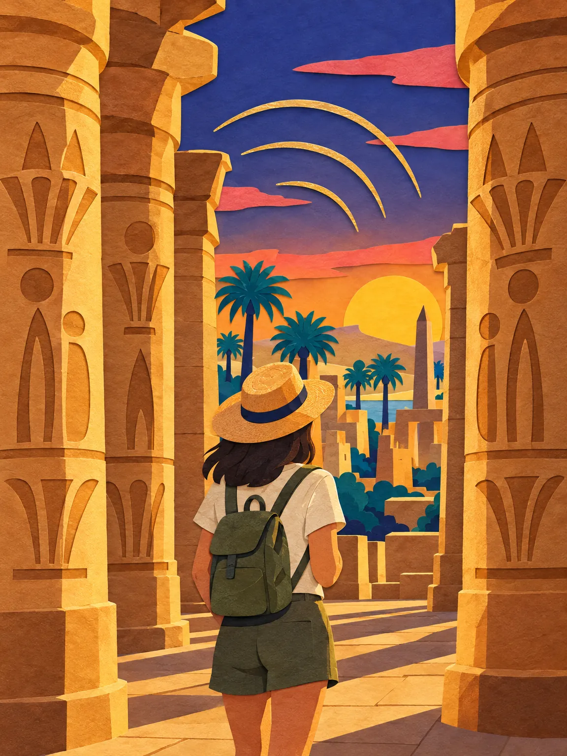 Illustration of the columns of a Luxor temple at golden hour.