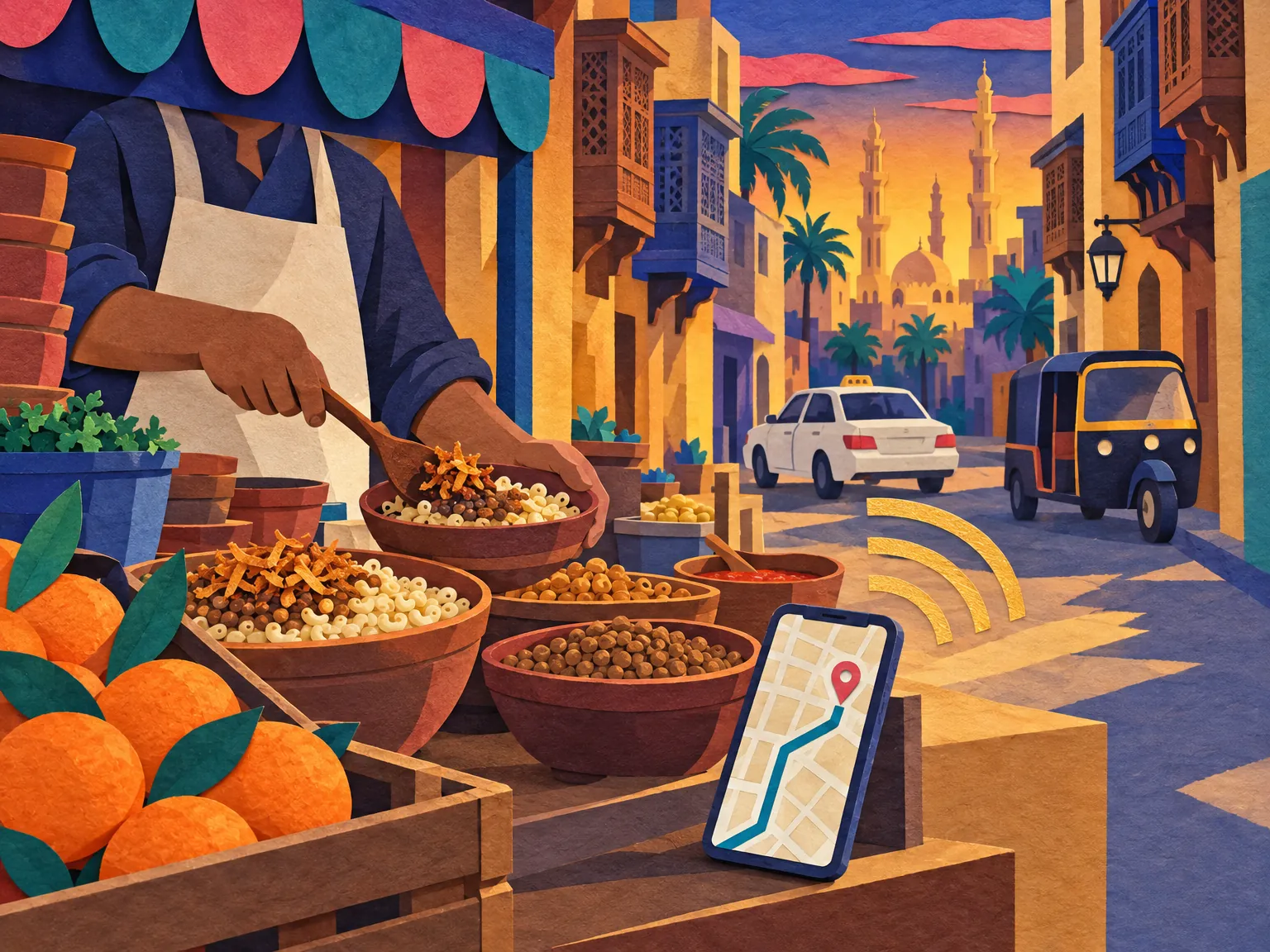Illustration: a Cairo street with a koshary stall, a taxi and a phone showing a map.