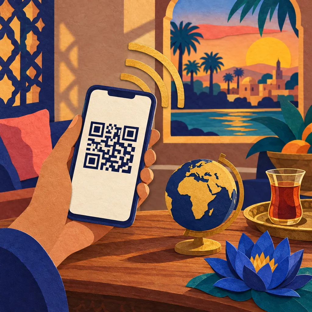 Illustration: a hand holds a phone showing a QR code beside a small globe and a lotus flower.